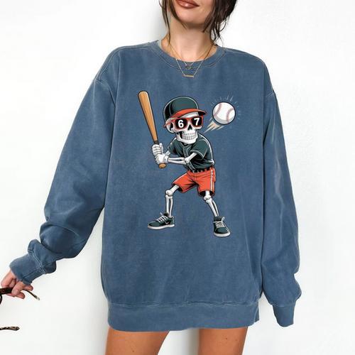 Halloween Skeleton Playing Baseball 67 Six Seven Meme Comfort Colors Sweatshirt - Sportilla