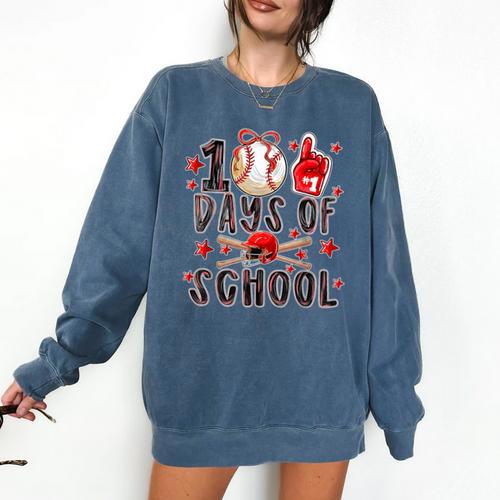 Happy 100 Days Of School Baseball Girls Coquette Bow Teacher Comfort Colors Sweatshirt - Sportilla