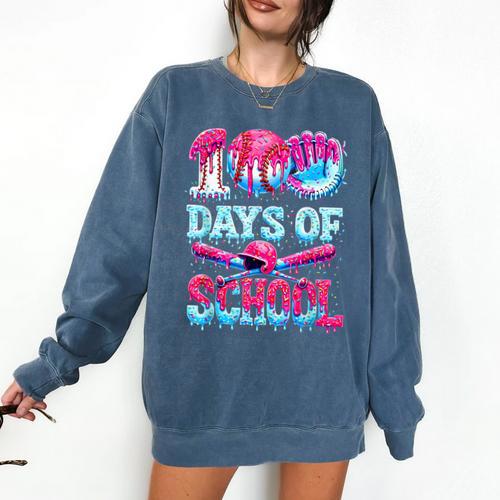 Happy 100 Days Of School Game Day Baseball Ice Cream Drip Comfort Colors Sweatshirt - Sportilla