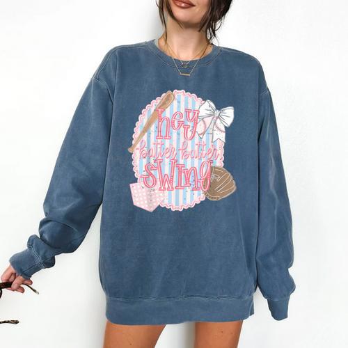 Hey Batter Batter Swing Baseball Game Day Coquette Bow Girly Comfort Colors Sweatshirt - Sportilla