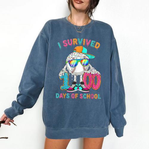HUGvyn I Survived 100 Days Of School Baseball 6 7 Ice Cream Comfort Colors Sweatshirt - Sportilla