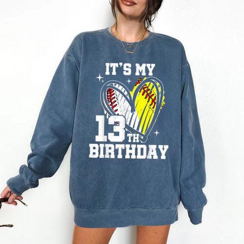 It's My 13th Birthday Baseball Softball Heart 13 Year Old Comfort Colors Sweatshirt - Sportilla