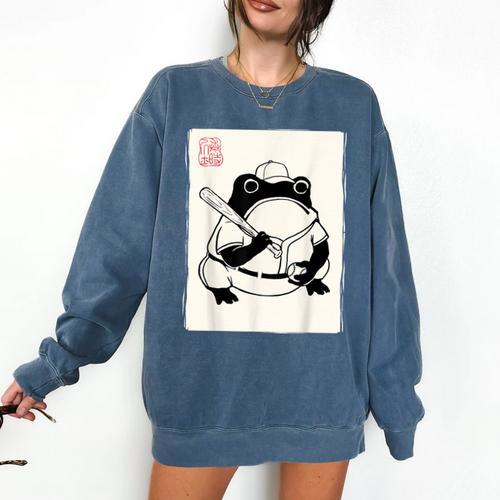 Japanese Grumpy Frog Baseball Player Baseball Comfort Colors Sweatshirt - Sportilla