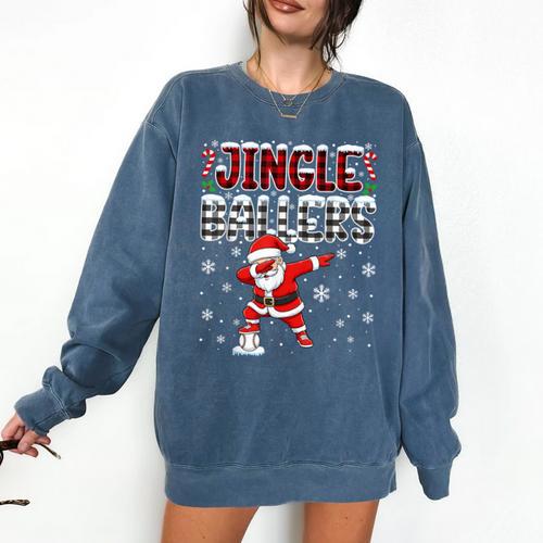 Jingle Ballers Plaid Santa Dabbing Baseball Christmas Comfort Colors Sweatshirt - Sportilla