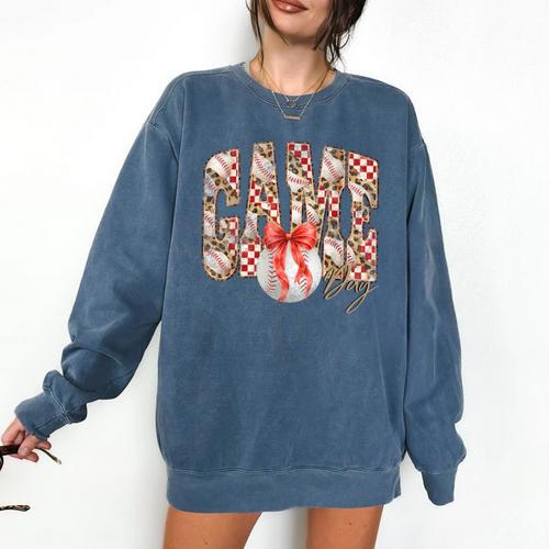 Leopard Checkered Game Day Baseball Coquette Bow Women Girls Comfort Colors Sweatshirt - Sportilla