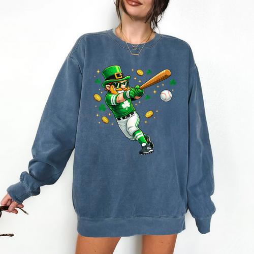 Leprechaun Play Baseball St Patrick's Day Men Kid Boys Comfort Colors Sweatshirt - Sportilla