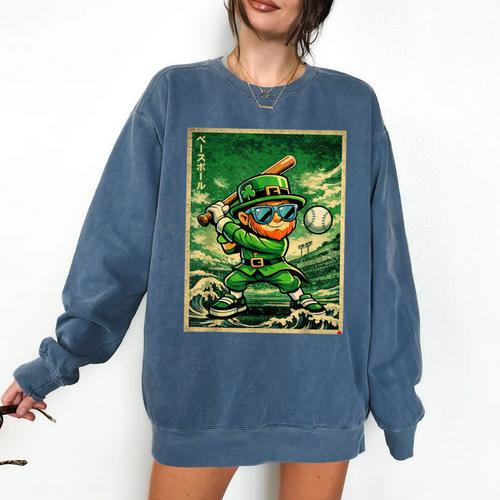 Leprechaun Playing Baseball Japanese Art St Patricks Day Comfort Colors Sweatshirt - Sportilla