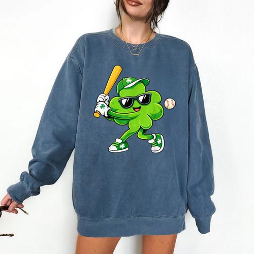 Lucky Shamrock Playing Baseball St Patrick's Kids Boys Comfort Colors Sweatshirt - Sportilla