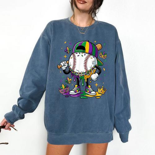 Mardi Gras Ice Cream Drip Baseball Carnival Party Mask Boys Comfort Colors Sweatshirt - Sportilla