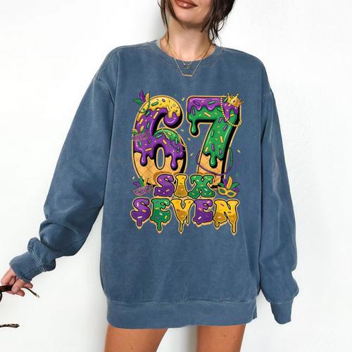 Mardi Gras Six Seven Baseball Drip Number 6 7 Meme Comfort Colors Sweatshirt - Sportilla