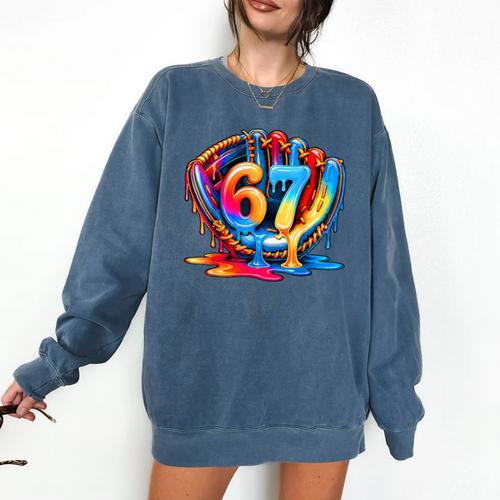 Number 67 Baseball Glove Ice Cream Drip Six Seven Meme Comfort Colors Sweatshirt - Sportilla