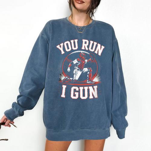 You Run I Gun Baseball Catcher Softball Player Comfort Colors Sweatshirt - Sportilla