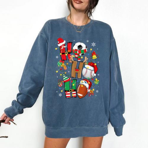 Santa Baseball Football Soccer Pajamas Ho Ho Christmas Xmas Comfort Colors Sweatshirt - Sportilla