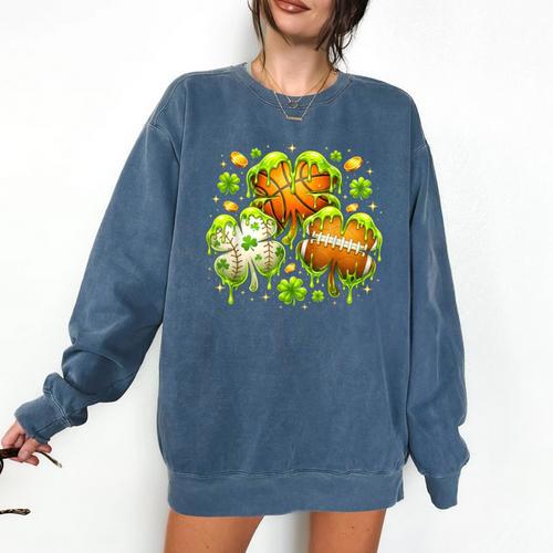 Shamrock Basketball Baseball Drip St Patrick's Day Boys Men Comfort Colors Sweatshirt - Sportilla