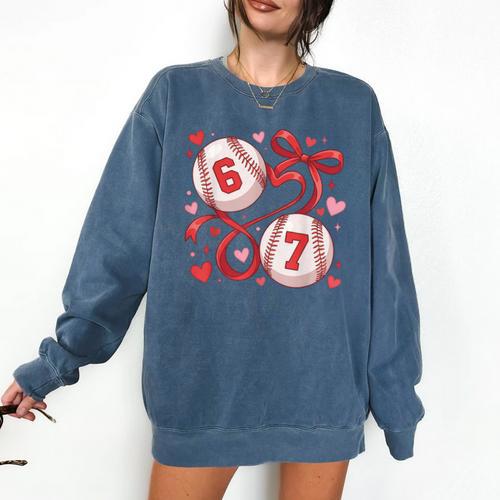 Six Seven Baseball Lover Sports Red Heart Bow Valentine Girl Comfort Colors Sweatshirt - Sportilla
