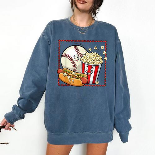 Smiling Baseball Popcorn And Hot-Dog Cartoon Apparel Comfort Colors Sweatshirt - Sportilla