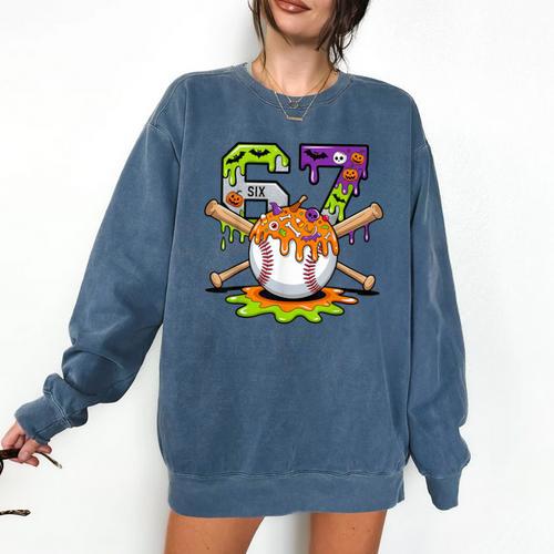 Spooky Halloween Baseball Ice Cream Dripping Six Seven 6 7 Comfort Colors Sweatshirt - Sportilla