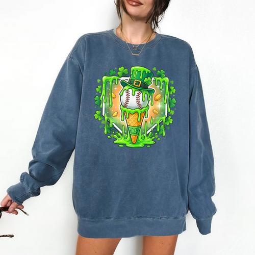 St Patrick Day Baseball Drip Ice Cream Baseball Home Plate Comfort Colors Sweatshirt - Sportilla