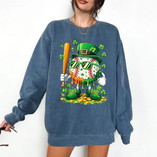 St Patricks Day Baseball Ice Cream Baseball Player Cartoon Comfort Colors Sweatshirt - Sportilla