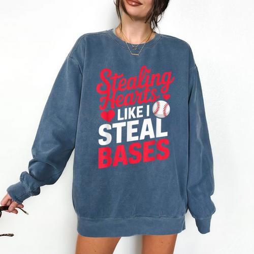 Stealing Hearts Like I Steal Bases Cute Baseball Valentine Comfort Colors Sweatshirt - Sportilla