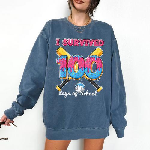 I Survived 100 Days Of School Baseball Cream Drip Boys Comfort Colors Sweatshirt - Sportilla