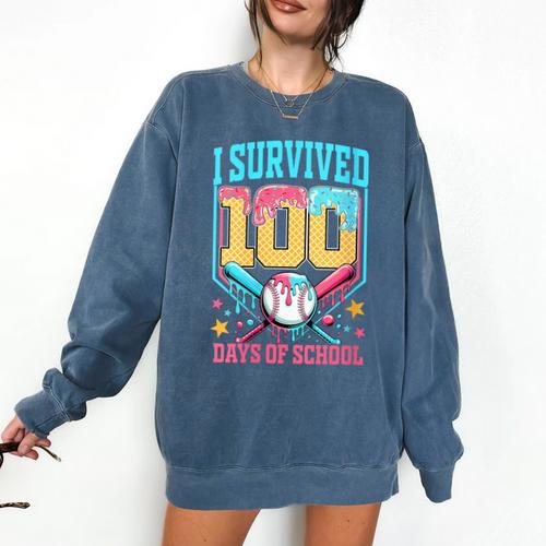 I Survived 100 Days Of School Baseball Drip Students Teacher Comfort Colors Sweatshirt - Sportilla