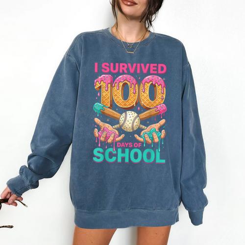 I Survived 100 Days Of School Baseball Ice Cream Drip Comfort Colors Sweatshirt - Sportilla