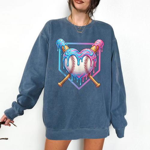 Valentines Baseball Heart Dripping Ice Cream Gen Z Alpha Comfort Colors Sweatshirt - Sportilla