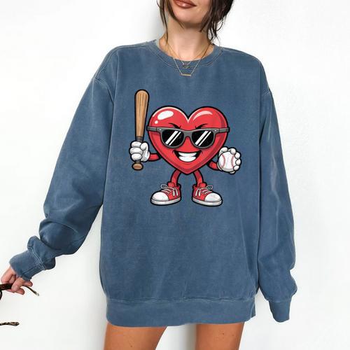 Valentines Day Heart Playing Baseball Boys Men Kids Girls Comfort Colors Sweatshirt - Sportilla
