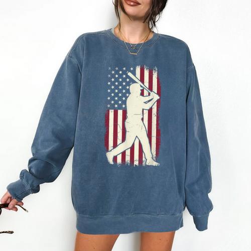 Vintage American Flag Baseball Batter Patriotic Home Run Comfort Colors Sweatshirt - Sportilla