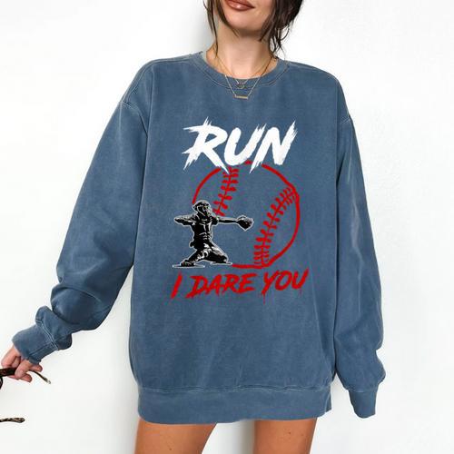Vintage Baseball Catcher Boys Go Ahead Run I Dare You Comfort Colors Sweatshirt - Sportilla