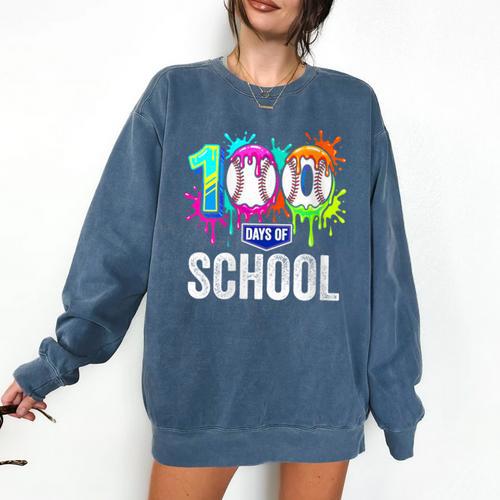 Women's 100 Days Of School Dripping Baseball Boys Kids Teacher Comfort Colors Sweatshirt - Sportilla