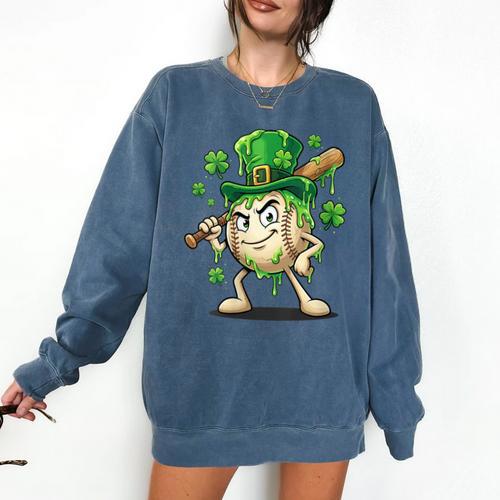 Women's St Patricks Day Baseball Leprechaun Shamrock Player Boys Kid Comfort Colors Sweatshirt - Sportilla