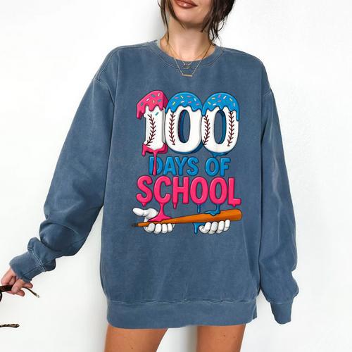 100 Days Of School Baseball Drip Bat 100th Day Of School Boy Comfort Colors Sweatshirt - Sportilla