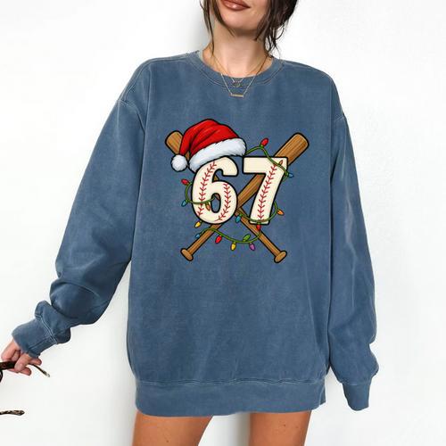 67 Baseball Xmas Lights Santa Hat Holiday Comfort Colors Sweatshirt - Sportilla