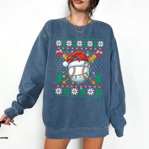Baseball Christmas Ugly Sweater Santa Sport Men Kids Comfort Colors Sweatshirt - Sportilla