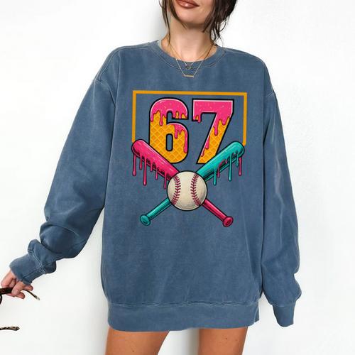 Baseball Ice Cream Drip Number 67 Player 67th Birthday Premium Tri-Blend Comfort Colors Sweatshirt - Sportilla
