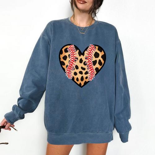 Baseball Mom Leopard Heart Valentine Day Mother Day Comfort Colors Sweatshirt - Sportilla