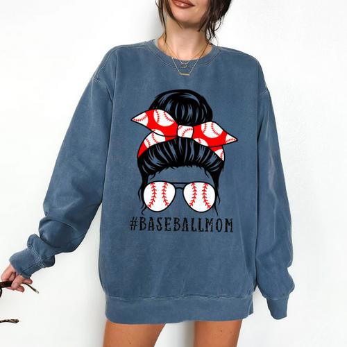 Baseball Mom Leopard Messy Bun Game Day Comfort Colors Sweatshirt - Sportilla