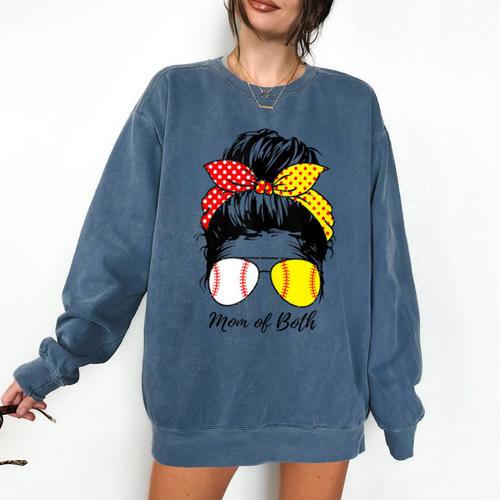 Baseball Mom Softball Mom Of Both Messy Bun Mother's Day Comfort Colors Sweatshirt - Sportilla