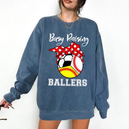 Busy Raising Ballers Baseball Softball Soccer Mom Premium Tri-Blend Comfort Colors Sweatshirt - Sportilla