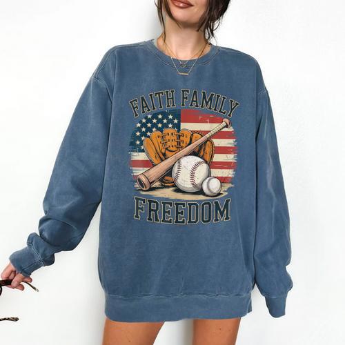 Faith Family Freedom Patriotic Christian Baseball Game Day Comfort Colors Sweatshirt - Sportilla