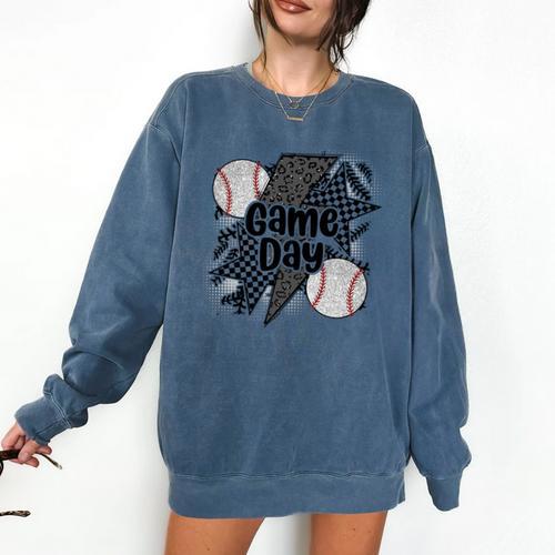 Game Day Baseball Retro Checkered Baseball Comfort Colors Sweatshirt - Sportilla