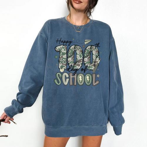 Happy 100th Day Of School Baseball Camo Boys Kids Toddler Comfort Colors Sweatshirt - Sportilla