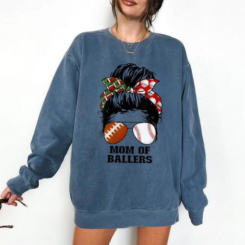 Mom Of Ballers Messy Bun Football Mom Baseball Mom Of Both Comfort Colors Sweatshirt - Sportilla