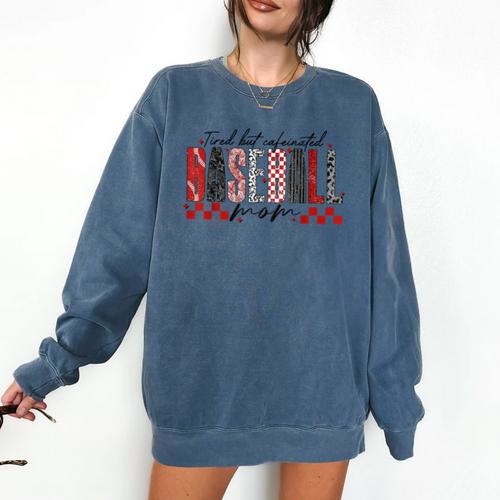Retro Checkered Tired But Caffeinated Baseball Mom Leopard Comfort Colors Sweatshirt - Sportilla