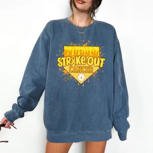 Strike Out Childhood Cancer Boys Baseball Drip Gold Ribbon Comfort Colors Sweatshirt - Sportilla