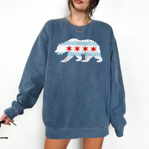Sweet Vintage Retro Chicago City Flag Bear Print Raglan Baseball Tee Comfort Colors Sweatshirt - Sportilla