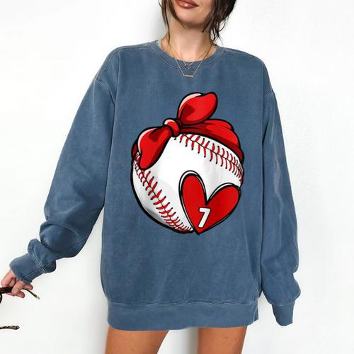 Womens Custom Baseball Mom Number 7 Heart For Mom Mommy Raglan Baseball Tee Comfort Colors Sweatshirt - Sportilla