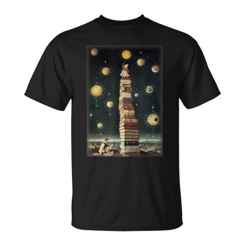 Astrologist Sitting On The Tower Of Stacked Up Books Starry T-Shirt - Bookorys